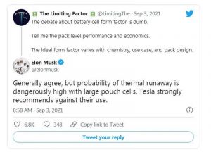 В частности, он сказал, что Tesla настоятельно не рекомендует использовать Pouch Cell из-за опасности теплового разгона