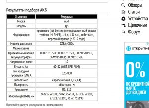 Пример подбора АКБ для Audi Q3, бензин, 1.4 л., 150 л. с., с 2019 года