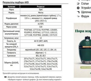 Пример подбора аккумуляторной батареи на Опель Мерива, дизель, 1.7 л, 2011-2013 гг.